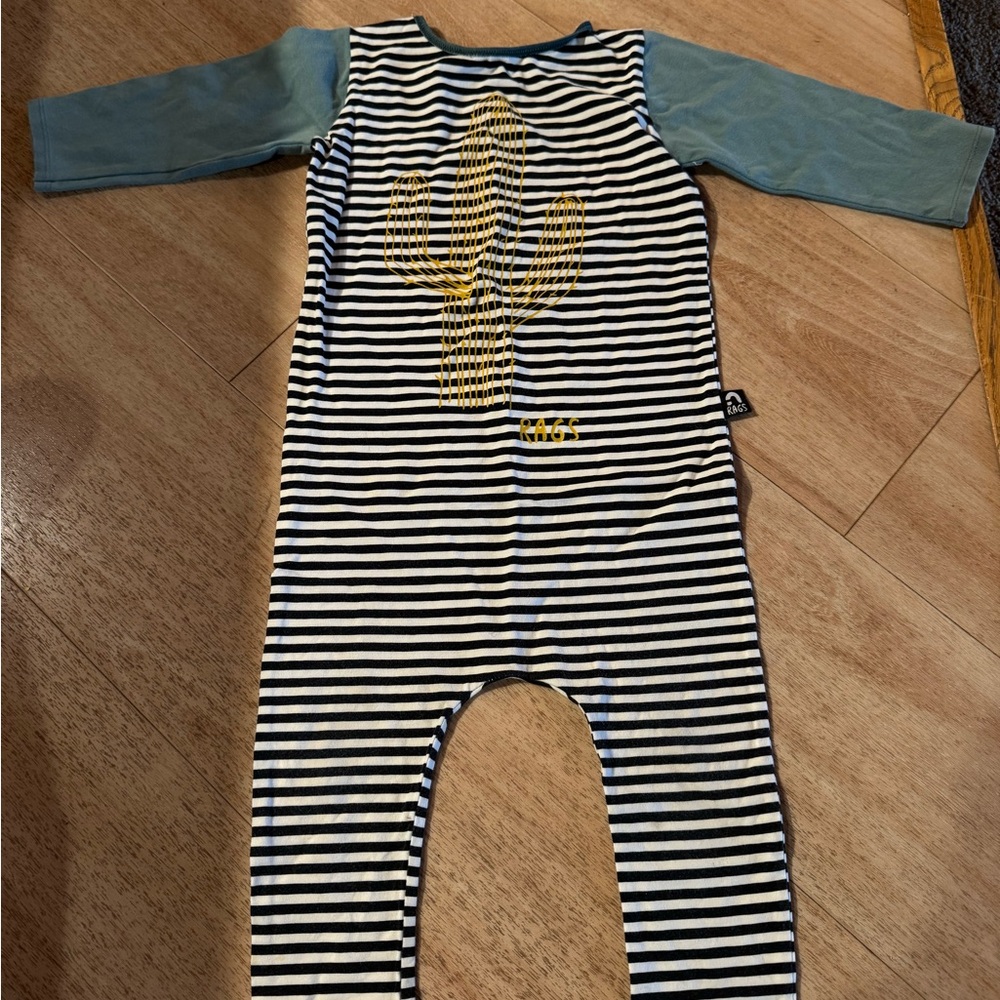 Rags to Raches Black and White Striped Bodysuit with Gold Cactus